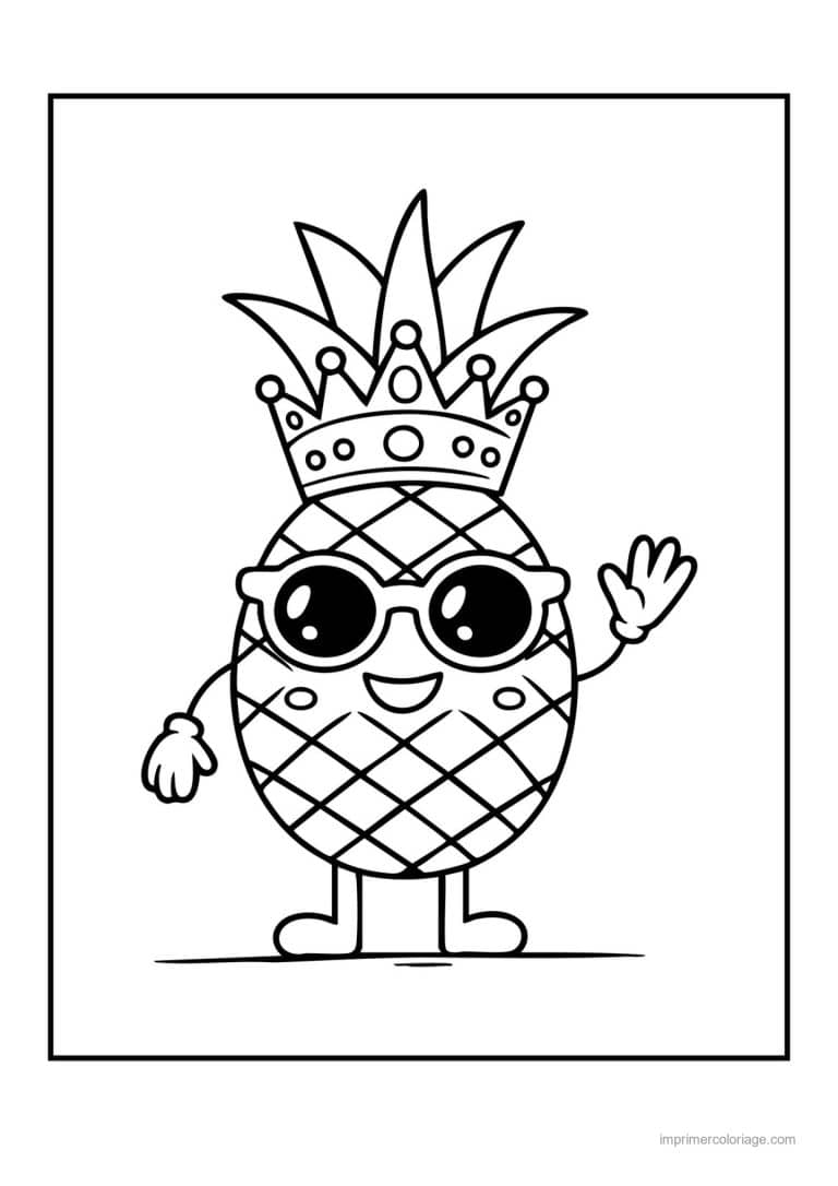 coloriage fruits ananas kawaii couronne a lunettes - dessin gratuit &agrave; imprimer