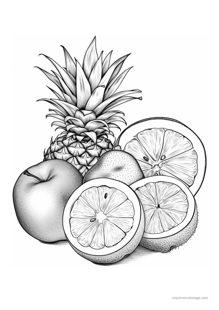 coloriage fruits ananas pomme et oranges - dessin gratuit &agrave; imprimer