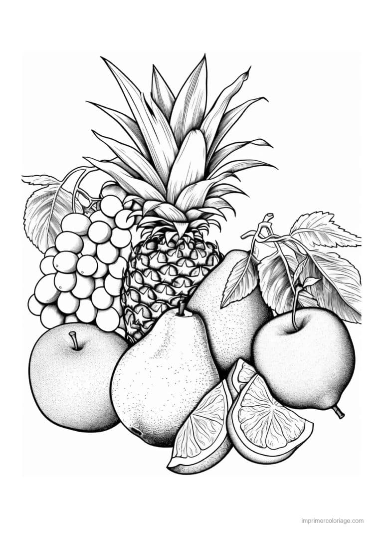 coloriage fruits ananas raisin pommes et orange - dessin gratuit &agrave; imprimer