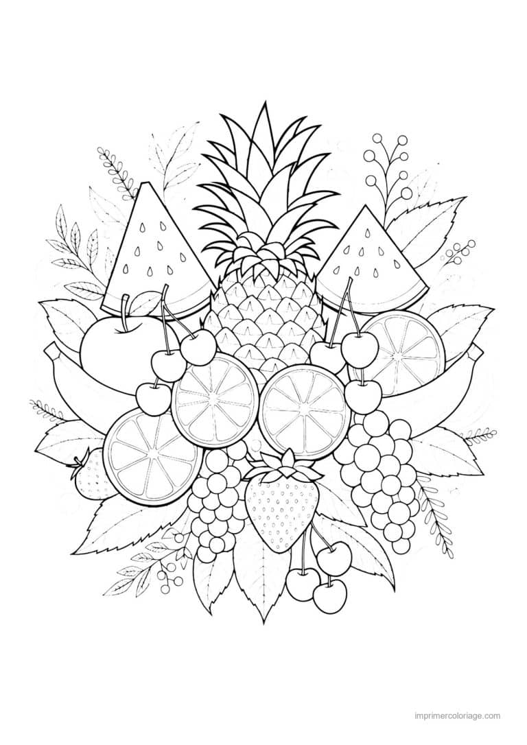 coloriage fruits bouquet rond de fruits et ananas 144 - dessin gratuit &agrave; imprimer