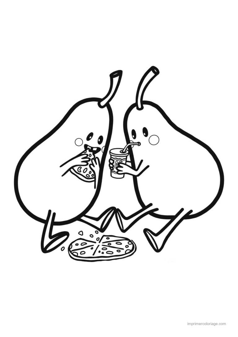 coloriage fruits deux poires kawaii a la pizza - dessin gratuit &agrave; imprimer