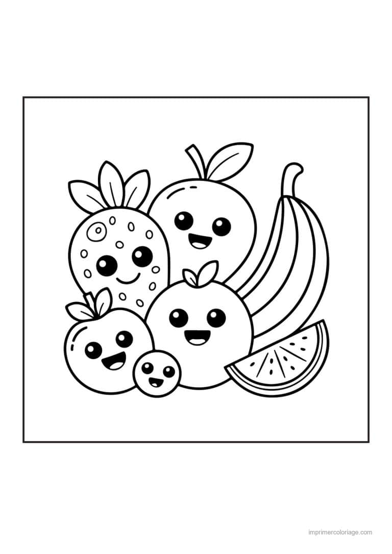 coloriage fruits groupe de fruits kawaii - dessin gratuit &agrave; imprimer
