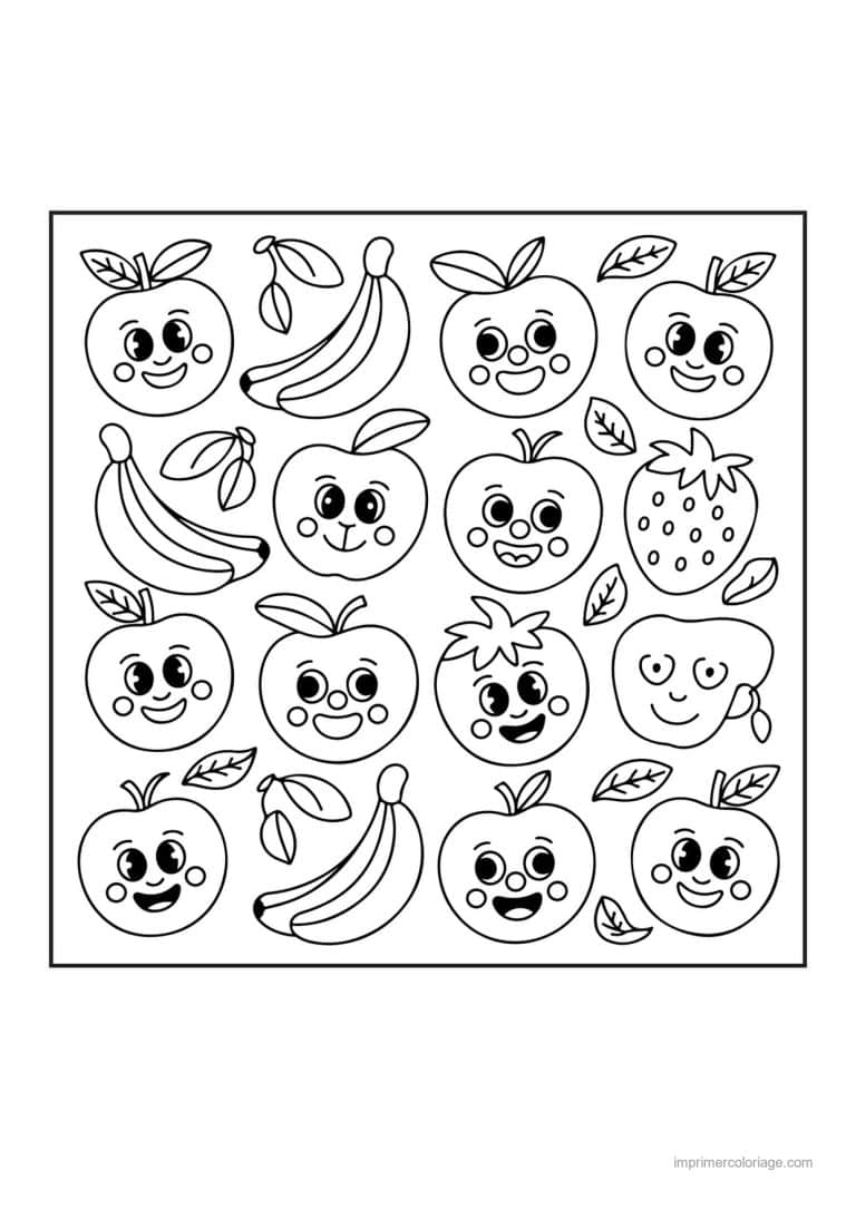 coloriage fruits motif de fruits kawaii - dessin gratuit &agrave; imprimer