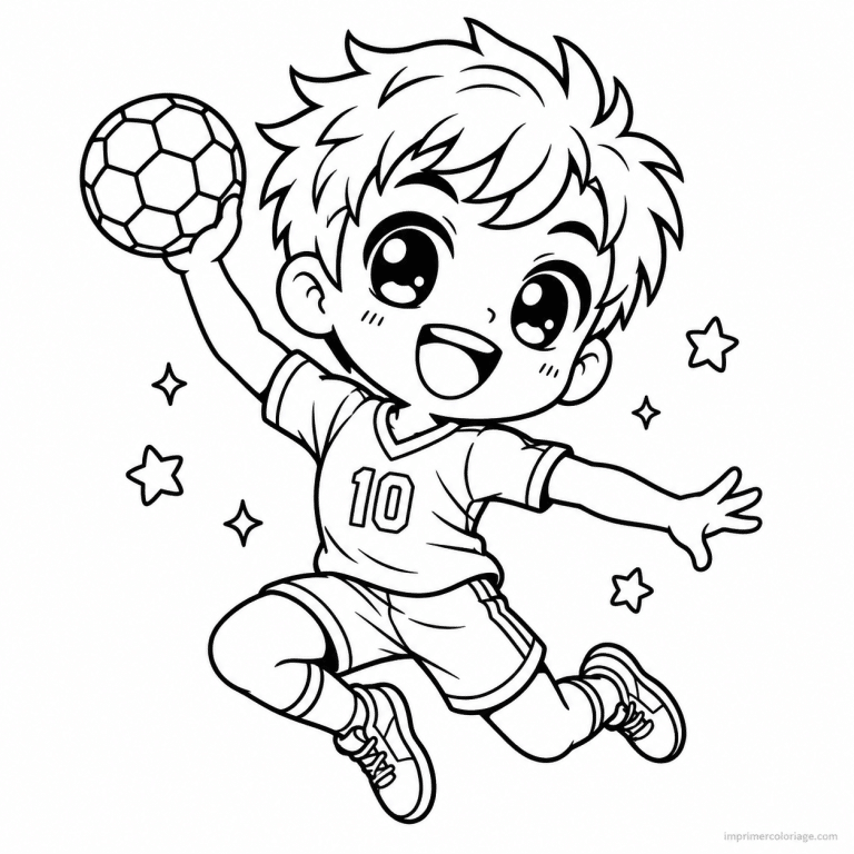 coloriage handball kawaii joueur saut tir ballon - dessin gratuit &agrave; imprimer
