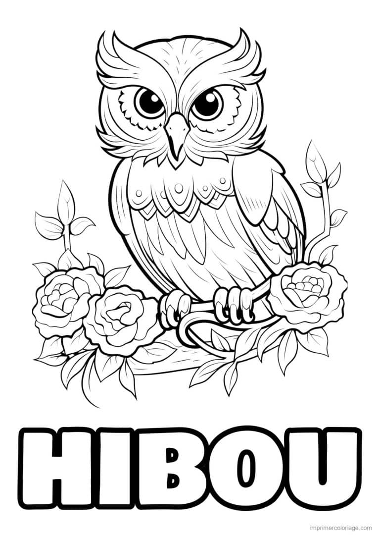 coloriage hibou branche de roses - dessin gratuit &agrave; imprimer