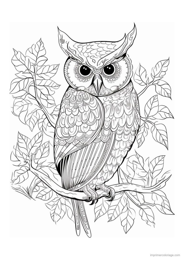 coloriage hibou branche et feuilles - dessin gratuit &agrave; imprimer