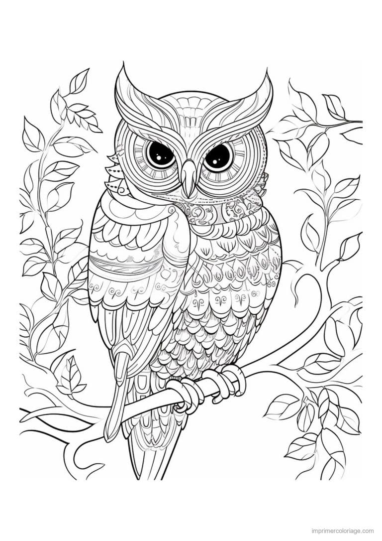 coloriage hibou dans le feuillage - dessin gratuit &agrave; imprimer