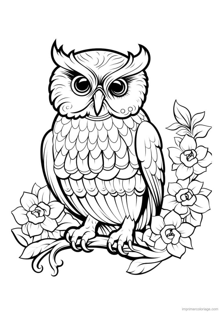coloriage hibou de profil fleurs - dessin gratuit &agrave; imprimer