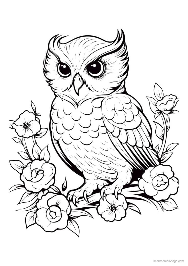coloriage hibou entoure de fleurs - dessin gratuit &agrave; imprimer