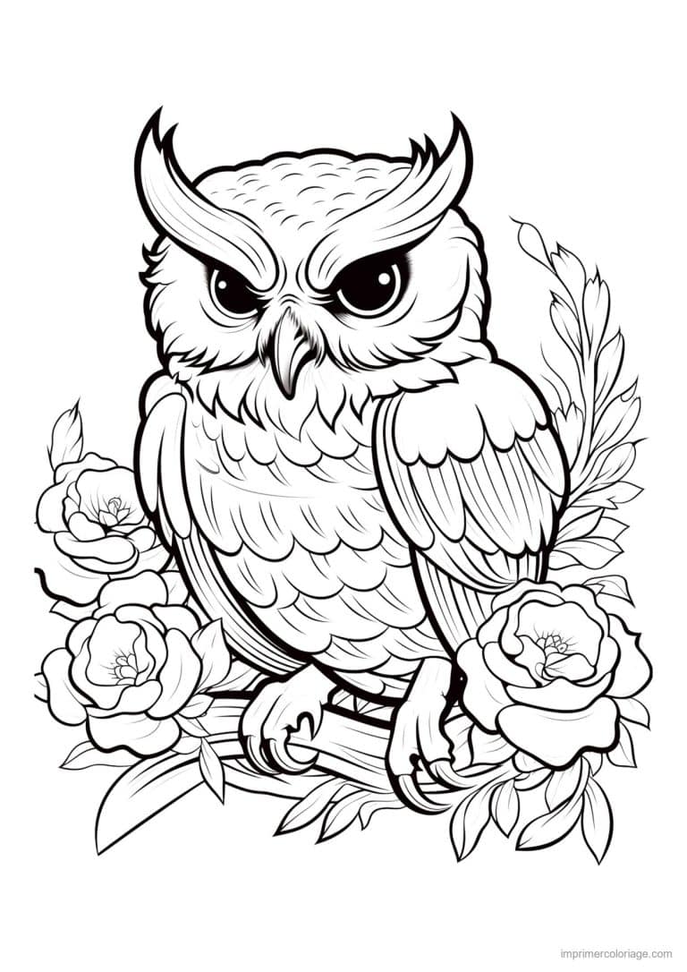 coloriage hibou et ses roses - dessin gratuit &agrave; imprimer