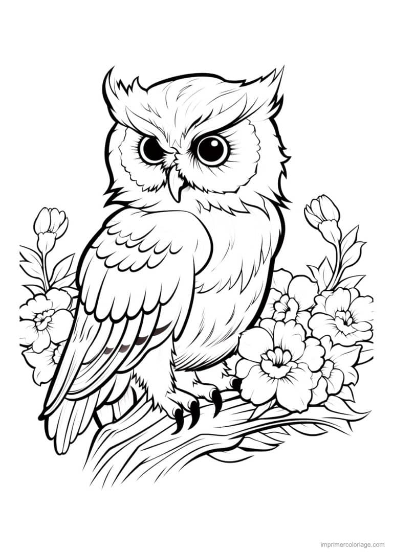 coloriage hibou fleurs au pied - dessin gratuit &agrave; imprimer