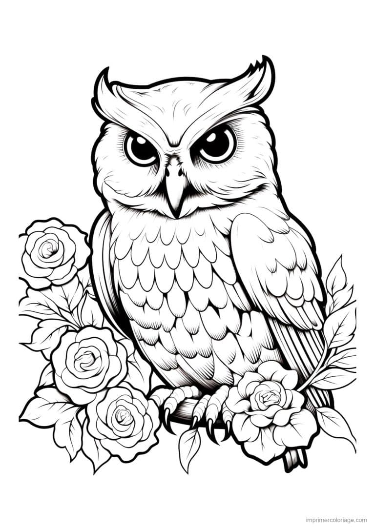 coloriage hibou grandes roses - dessin gratuit &agrave; imprimer