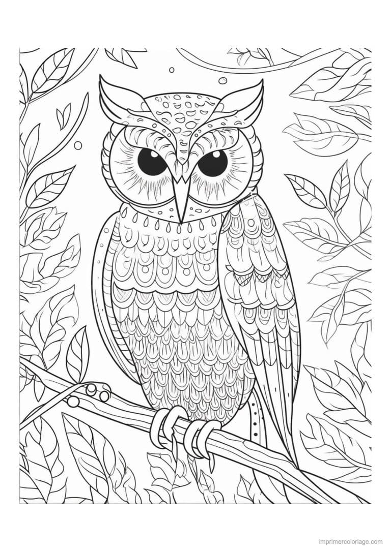 coloriage hibou parmi les feuilles - dessin gratuit &agrave; imprimer