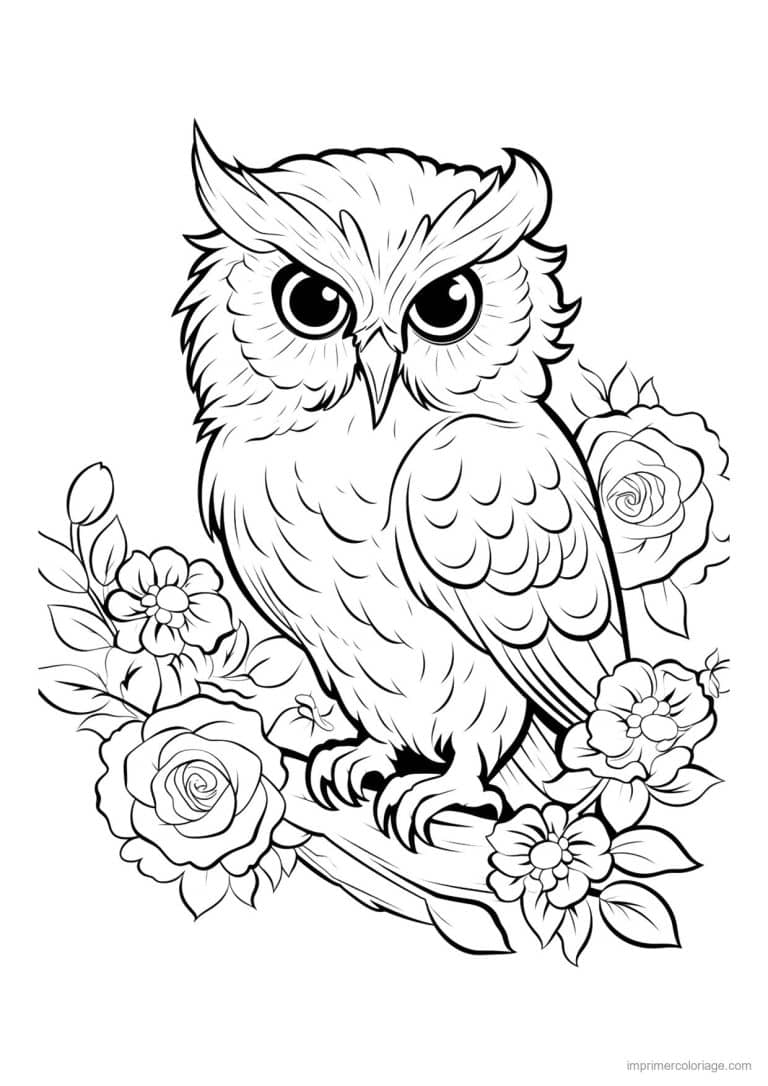 coloriage hibou parmi les roses - dessin gratuit &agrave; imprimer