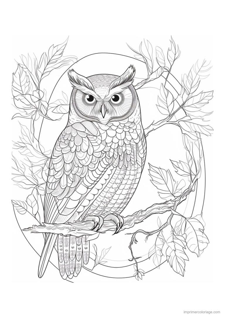 coloriage hibou realiste sur branche - dessin gratuit &agrave; imprimer