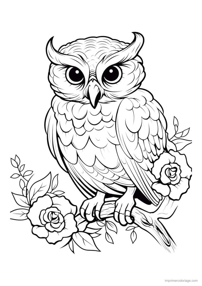 coloriage hibou roses et feuillage - dessin gratuit &agrave; imprimer