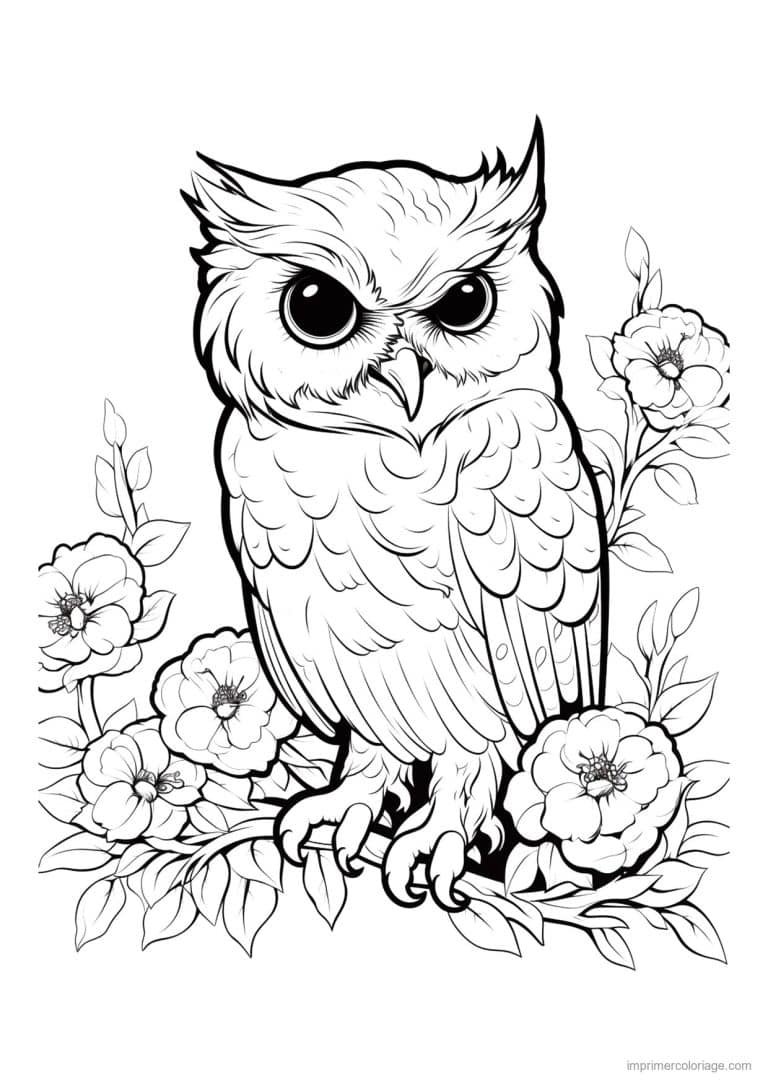 coloriage hibou sur branche fleurie - dessin gratuit &agrave; imprimer