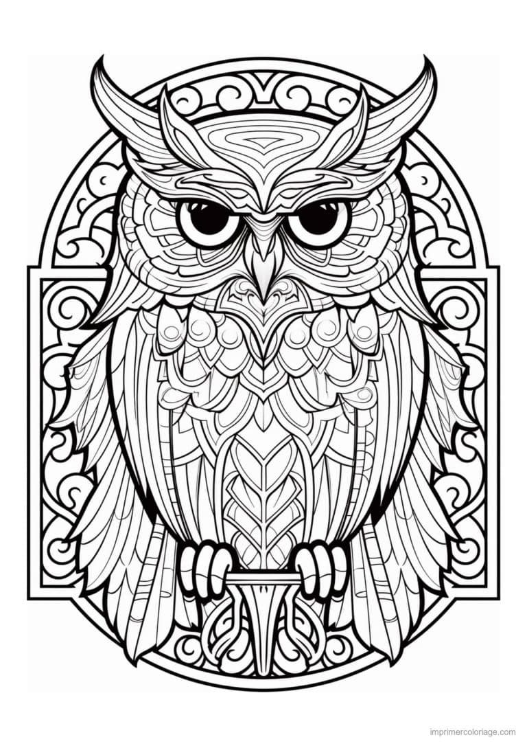 coloriage hibou vitrail en arche - dessin gratuit &agrave; imprimer