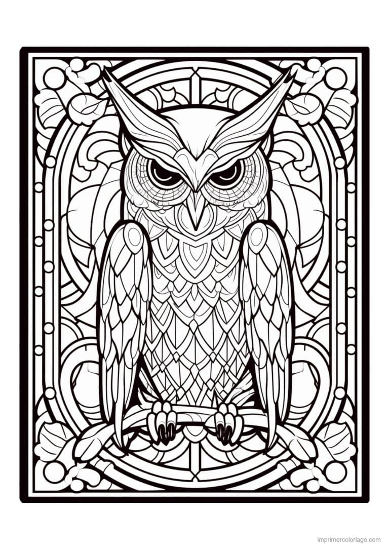 coloriage hibou vitrail encadre - dessin gratuit &agrave; imprimer