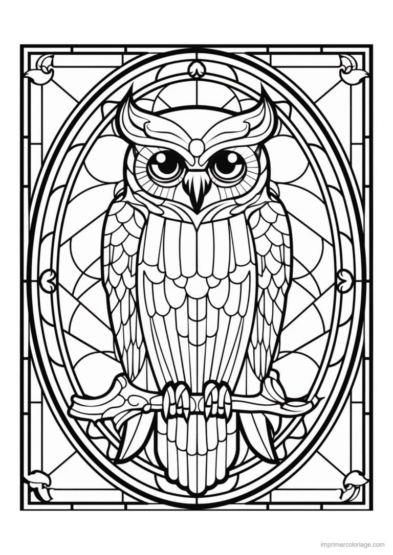coloriage hibou vitrail fenetre - dessin gratuit &agrave; imprimer