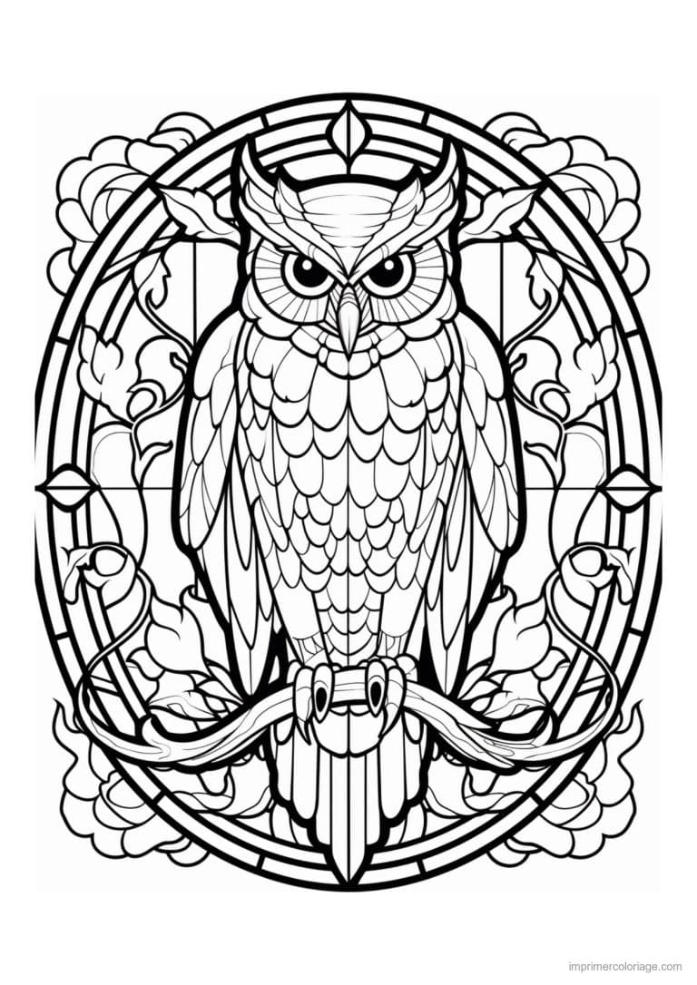 coloriage hibou vitrail feuillage - dessin gratuit &agrave; imprimer