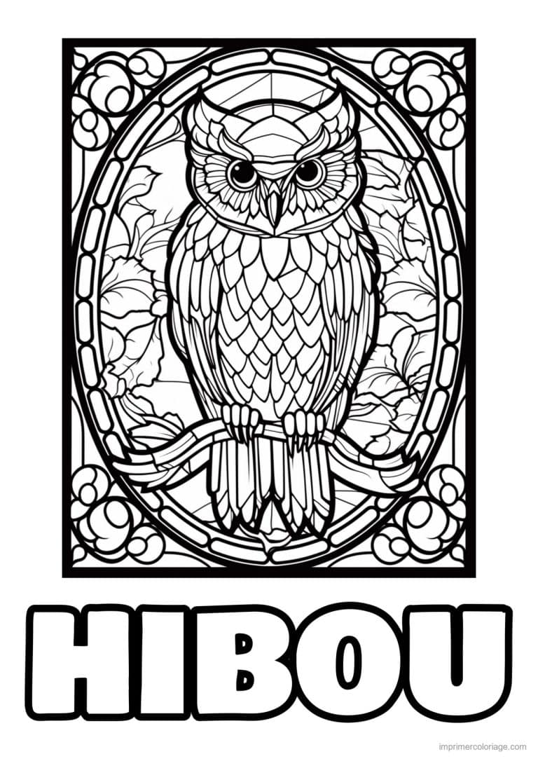 coloriage hibou vitrail fleuri - dessin gratuit &agrave; imprimer