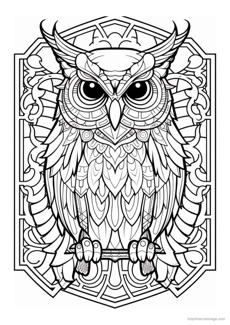 coloriage hibou vitrail geometrique - dessin gratuit &agrave; imprimer