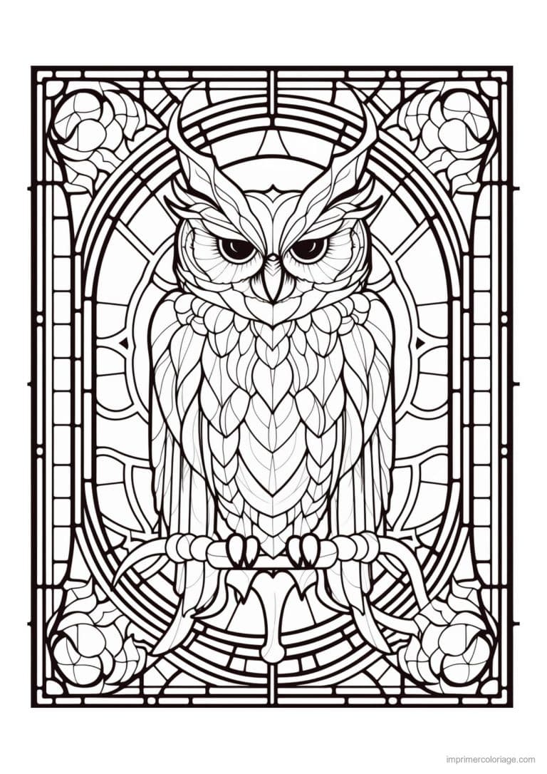 coloriage hibou vitrail grande fenetre - dessin gratuit &agrave; imprimer