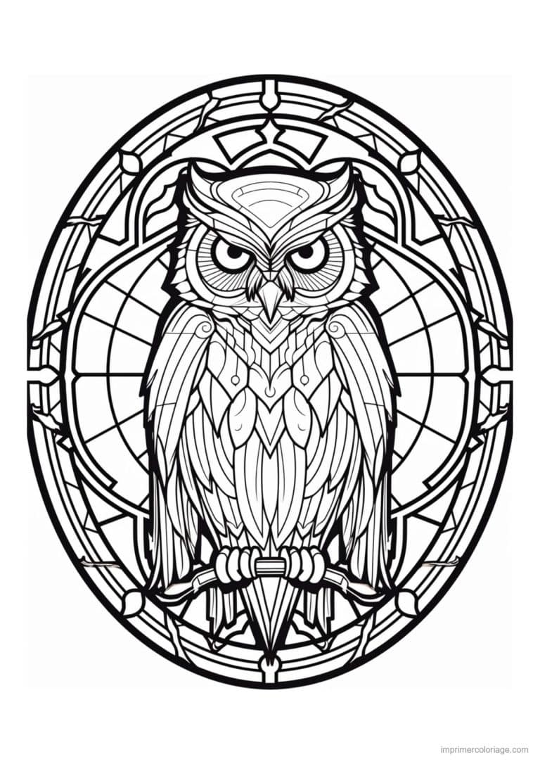 coloriage hibou vitrail ovale - dessin gratuit &agrave; imprimer