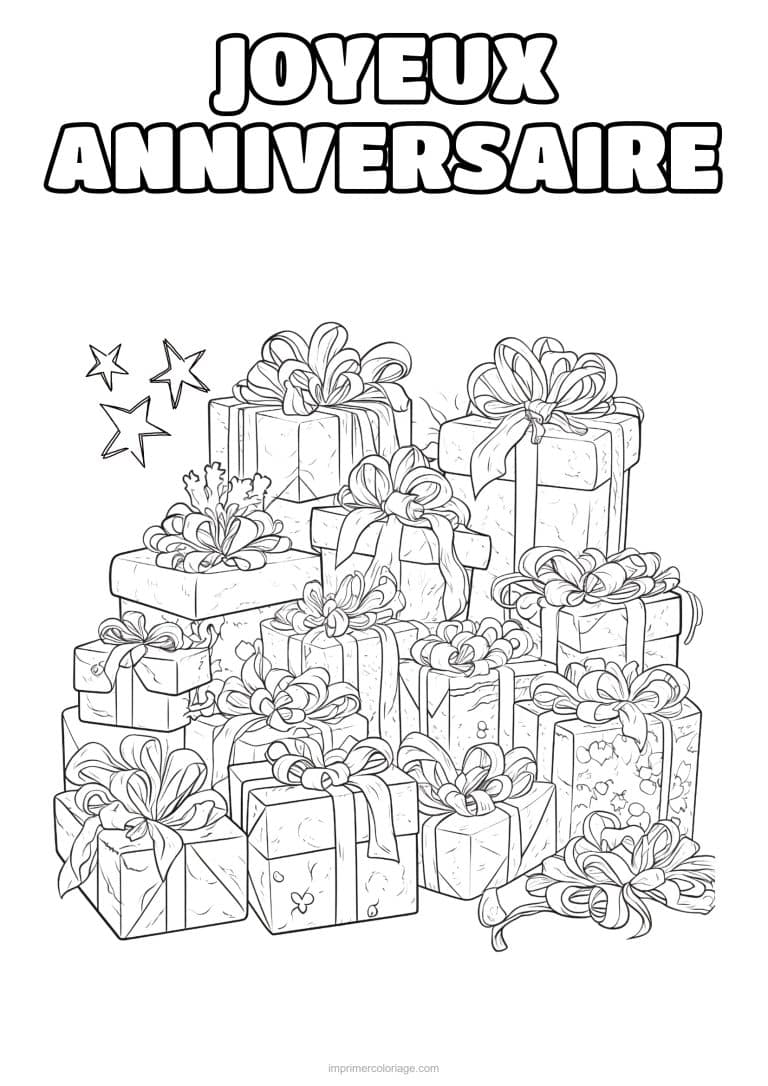 coloriage joyeux anniversaire cadeaux fleuris - dessin gratuit &agrave; imprimer