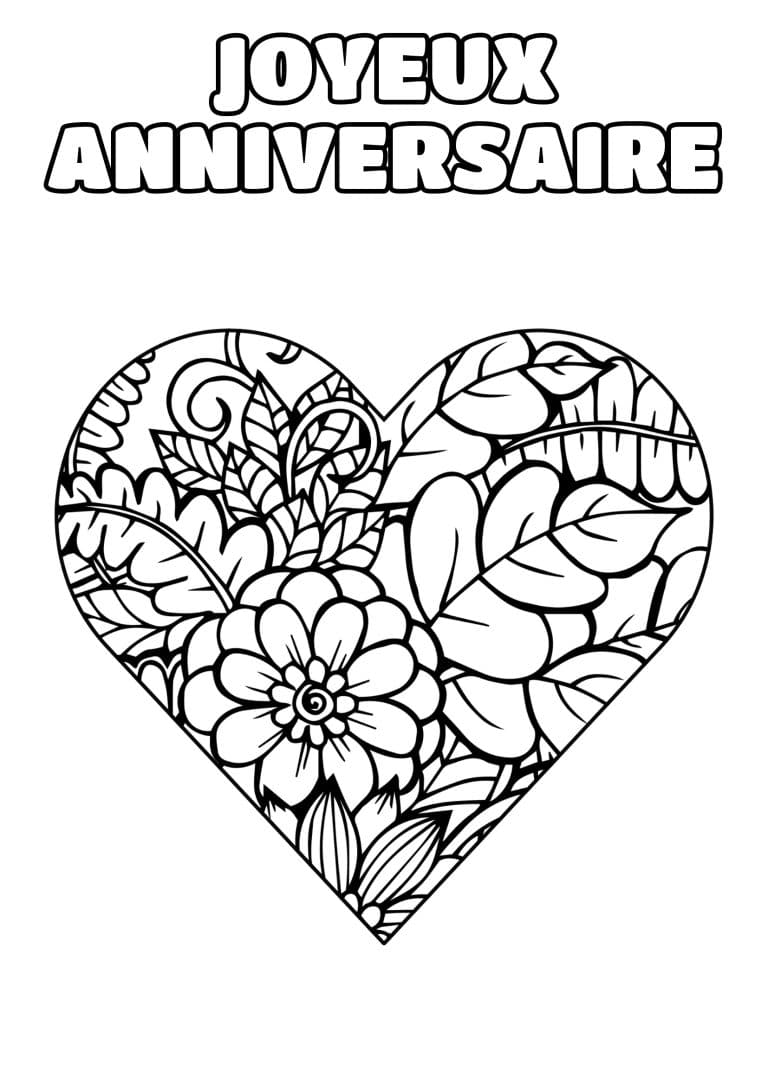 coloriage joyeux anniversaire coeur de feuillages - dessin gratuit &agrave; imprimer
