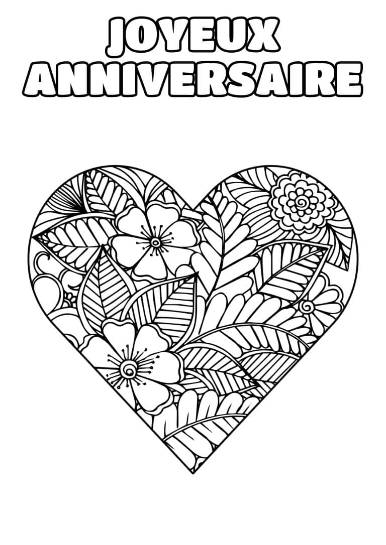 coloriage joyeux anniversaire coeur de fleurs - dessin gratuit &agrave; imprimer