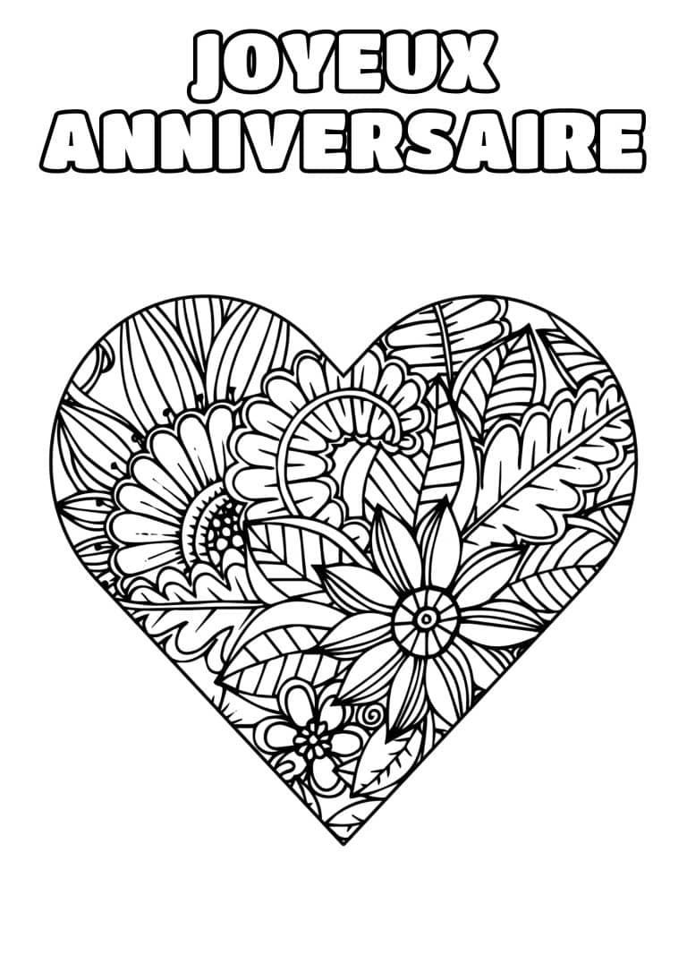 coloriage joyeux anniversaire coeur de fleurs et de feuilles - dessin gratuit &agrave; imprimer