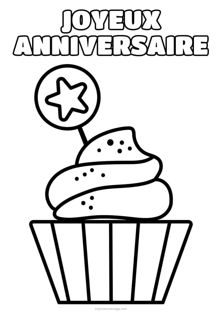 coloriage joyeux anniversaire cupcake a l etoile - dessin gratuit &agrave; imprimer