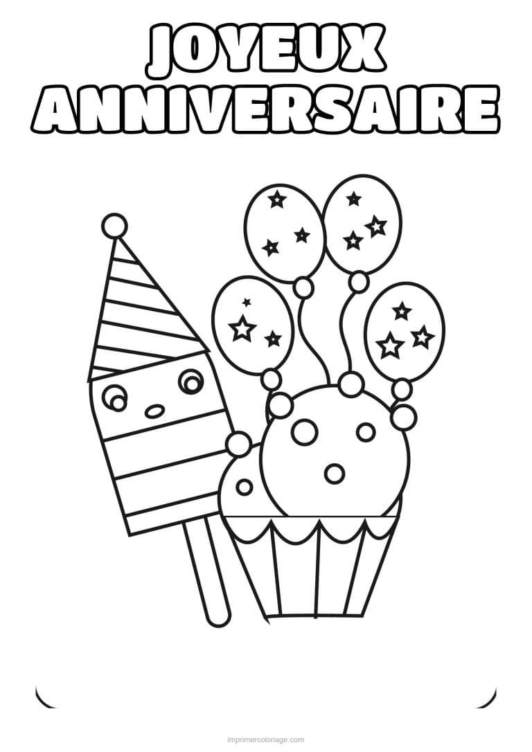 coloriage joyeux anniversaire cupcake ballons et chapeau de fete - dessin gratuit &agrave; imprimer