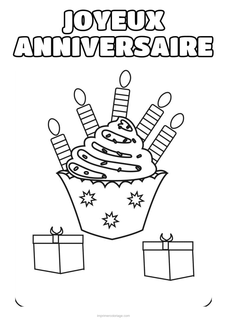 coloriage joyeux anniversaire cupcake bougies et cadeaux - dessin gratuit &agrave; imprimer