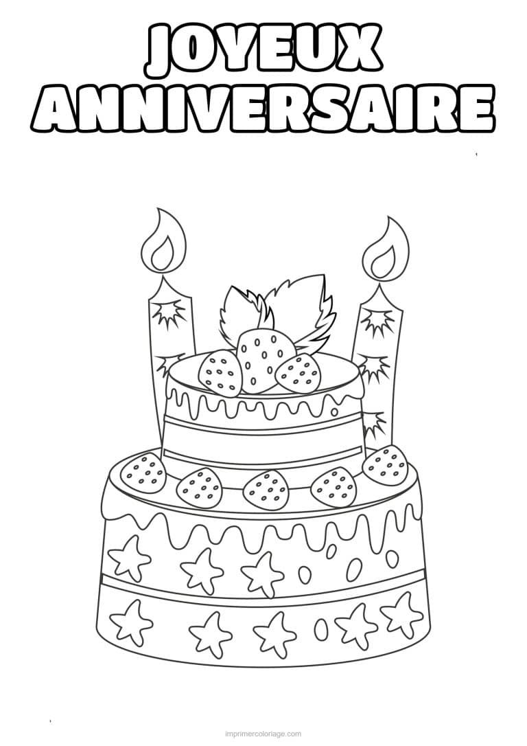 coloriage joyeux anniversaire gateau a etages aux fraises - dessin gratuit &agrave; imprimer