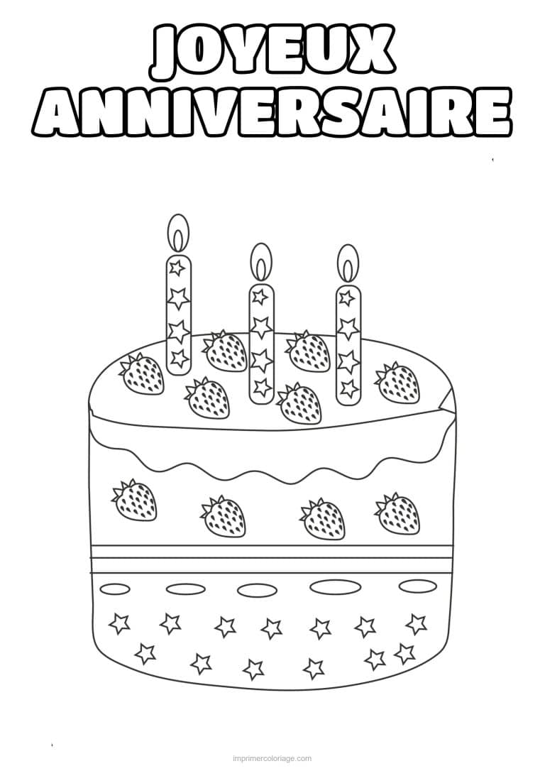 coloriage joyeux anniversaire gateau aux fraises - dessin gratuit &agrave; imprimer