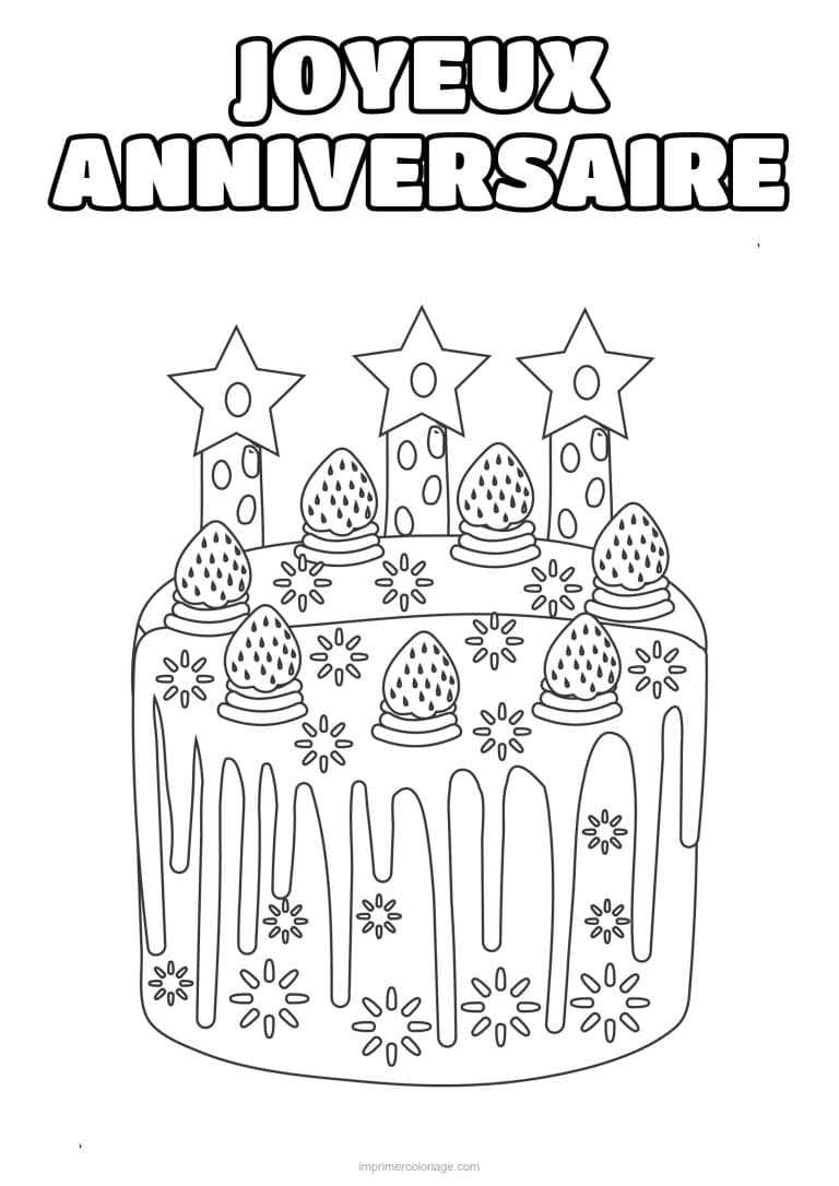 coloriage joyeux anniversaire gateau aux fraises et aux etoiles - dessin gratuit &agrave; imprimer