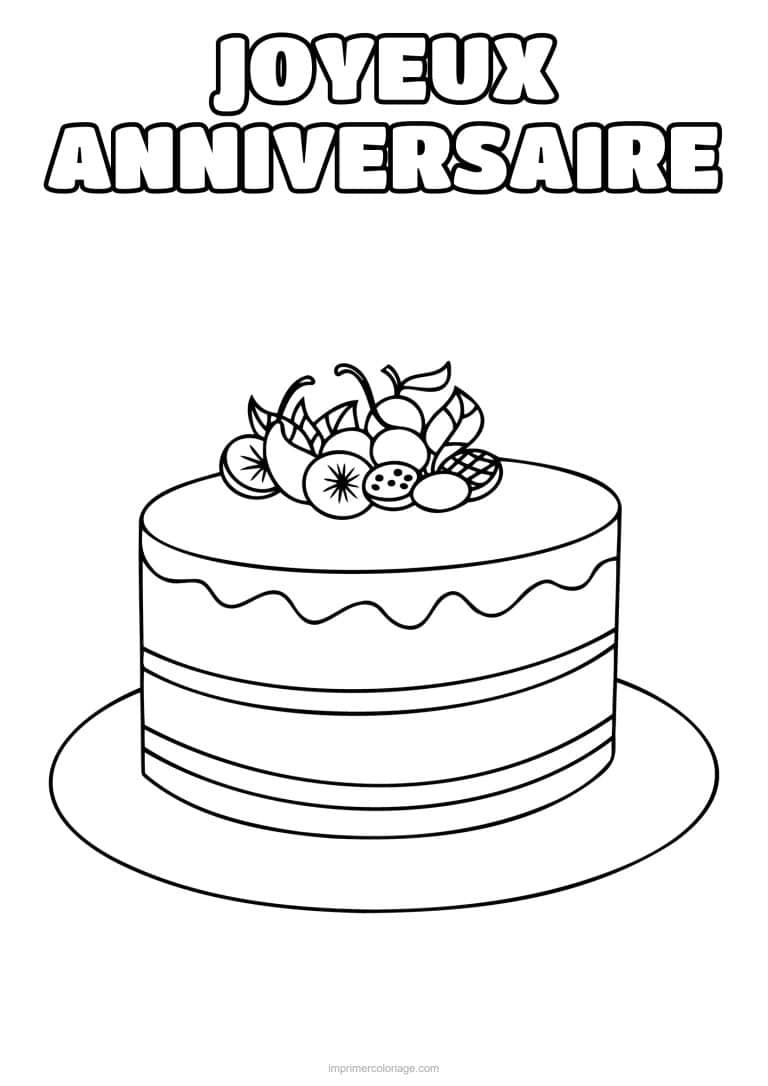 coloriage joyeux anniversaire gateau aux fruits - dessin gratuit &agrave; imprimer
