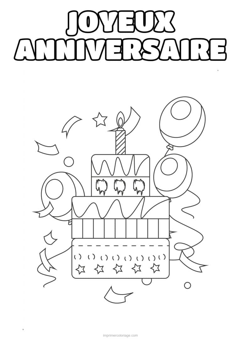 coloriage joyeux anniversaire gateau ballons et confettis - dessin gratuit &agrave; imprimer