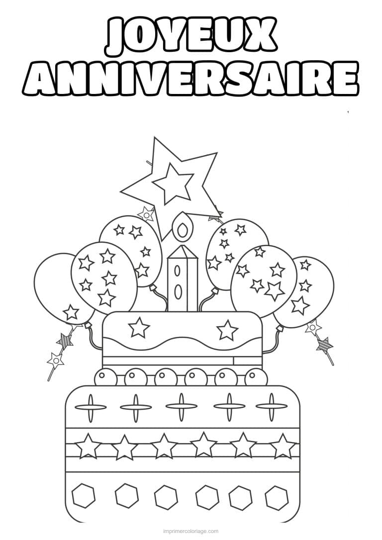 coloriage joyeux anniversaire gateau ballons et etoile filante - dessin gratuit &agrave; imprimer