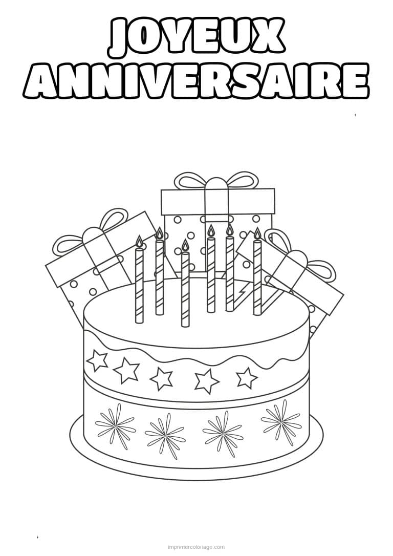coloriage joyeux anniversaire gateau bougies et cadeaux - dessin gratuit &agrave; imprimer