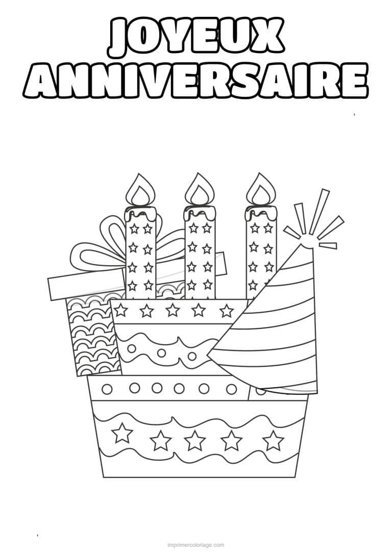 coloriage joyeux anniversaire gateau cadeaux et chapeau de fete - dessin gratuit &agrave; imprimer