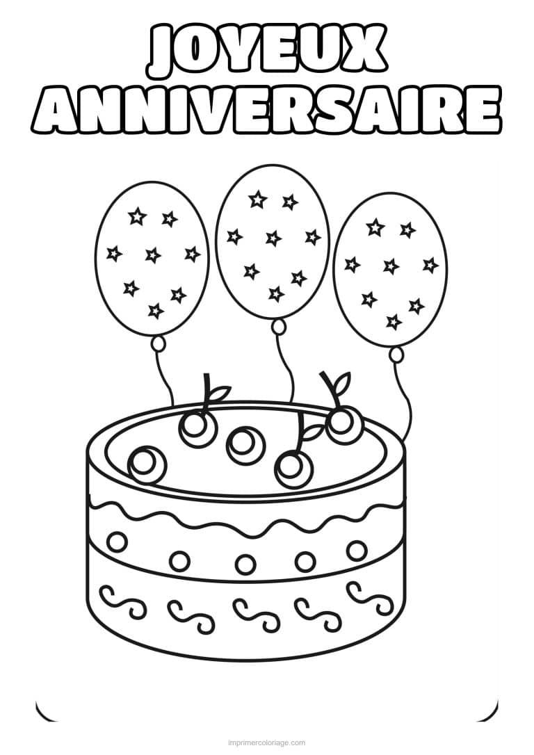 coloriage joyeux anniversaire gateau et ballons etoiles - dessin gratuit &agrave; imprimer