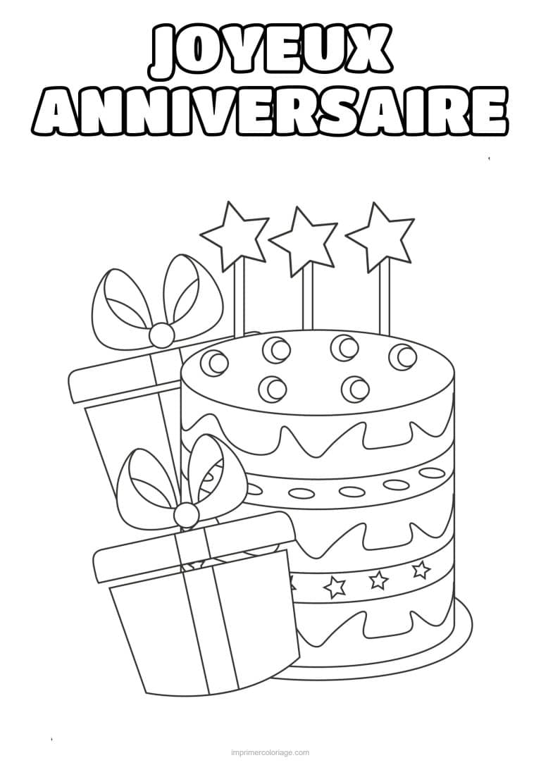 coloriage joyeux anniversaire gateau et cadeaux etoiles - dessin gratuit &agrave; imprimer