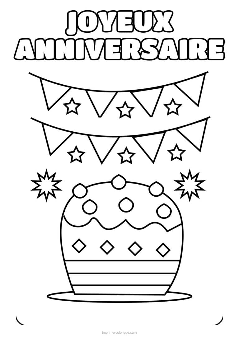 coloriage joyeux anniversaire gateau et guirlandes de fanions - dessin gratuit &agrave; imprimer