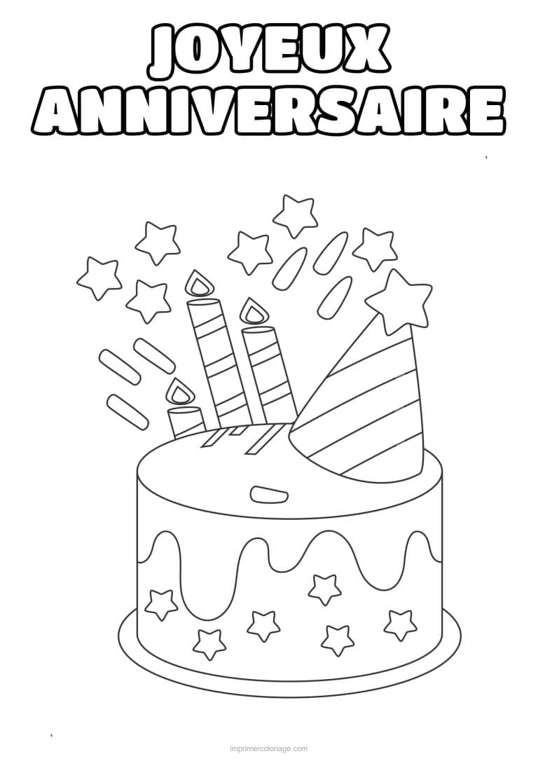 coloriage joyeux anniversaire gateau etoiles et chapeau de fete - dessin gratuit &agrave; imprimer