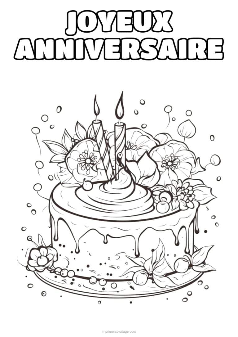 coloriage joyeux anniversaire gateau fleuri aux bougies - dessin gratuit &agrave; imprimer