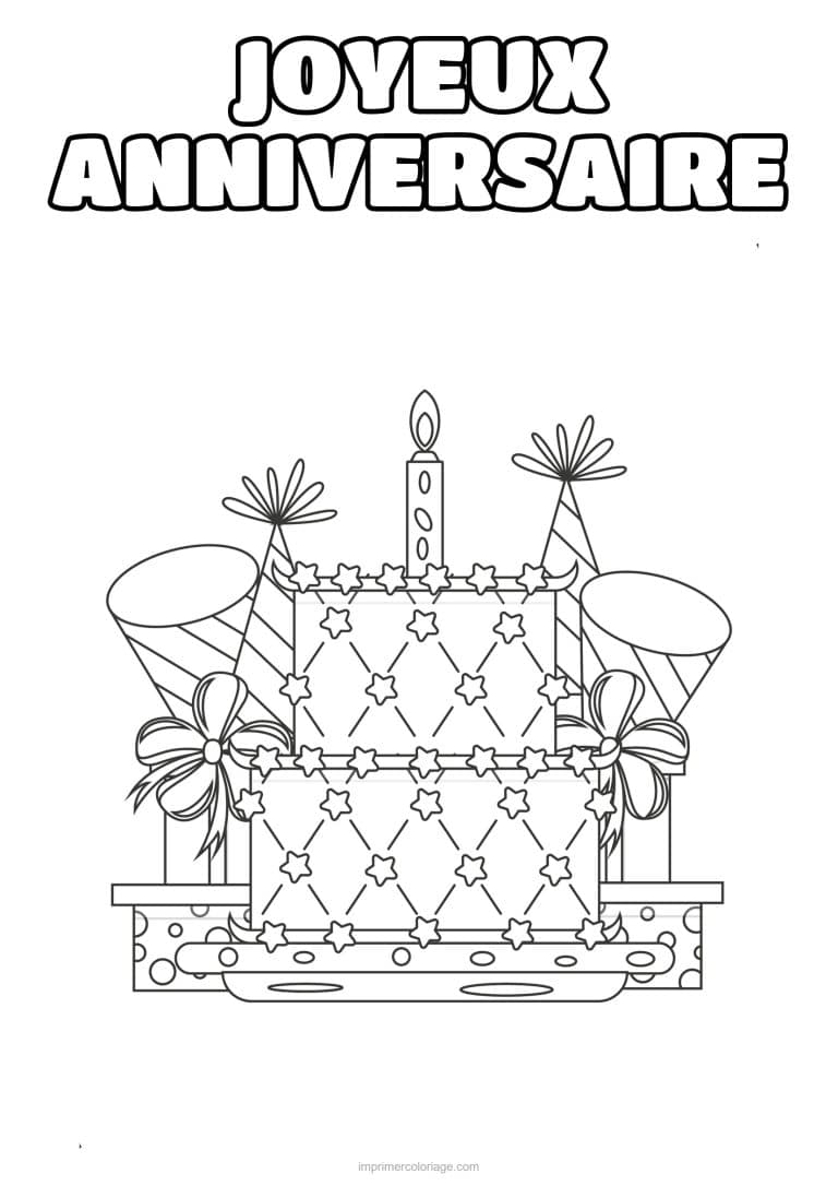 coloriage joyeux anniversaire gateau sarbacanes et cadeaux - dessin gratuit &agrave; imprimer